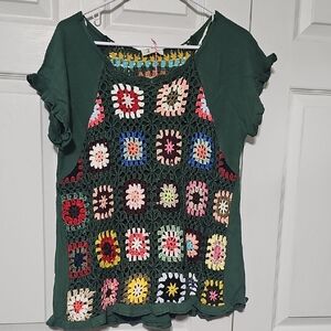 Umgee Dark Green Top with Multicolor Crochet Front